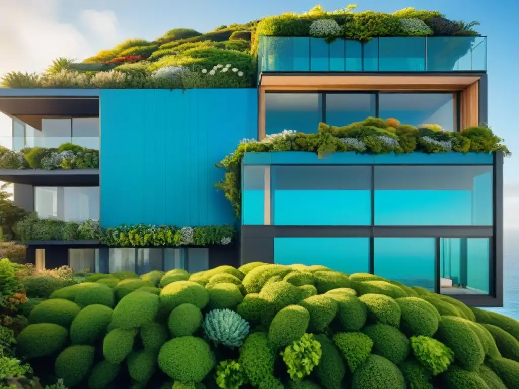 Edificio costero moderno con jardines verticales exuberantes Un edificio costero moderno con jardines verticales exuberantes contrasta con su arquitectura elegante, integrando naturaleza y diseño urbano