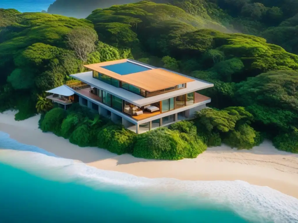 Arquitectura sostenible en entorno costero paradisíaco Un edificio moderno y sostenible rodeado de exuberante vegetación en la costa, con iluminación natural