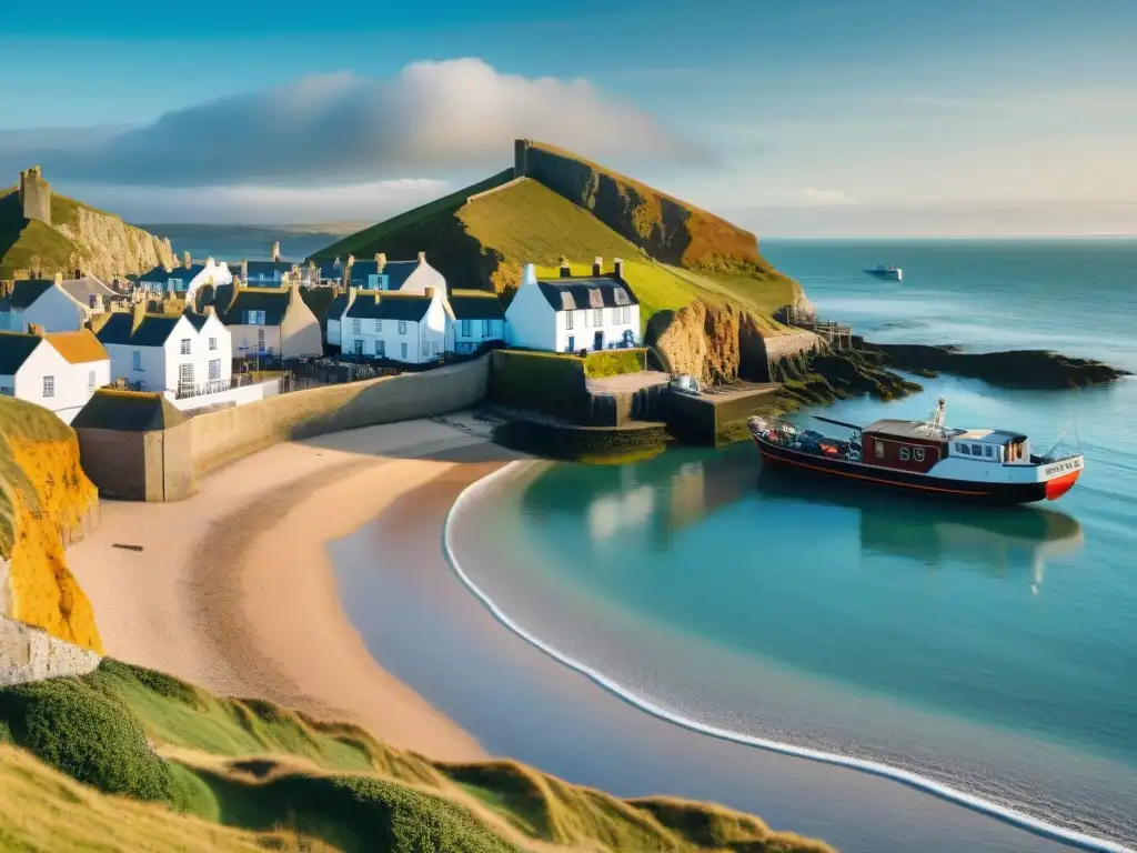 Costa británica: tradición y modernidad post-Brexit Efecto Brexit en propiedades costeras: vista panorámica de un pueblo costero en el Reino Unido, con arquitectura tradicional y moderna junto al mar