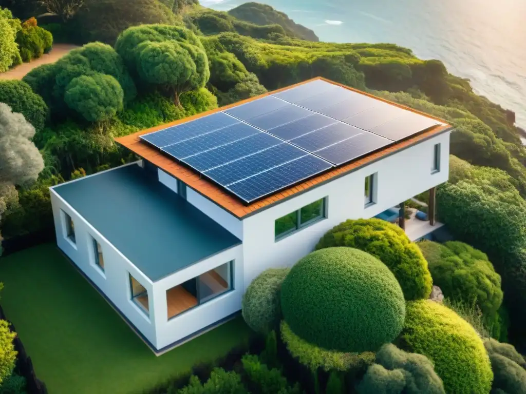 Propiedad costera moderna con paneles solares y naturaleza exuberante Eficiencia energética en propiedades costeras: Casa moderna con paneles solares y diseño sostenible en entorno natural