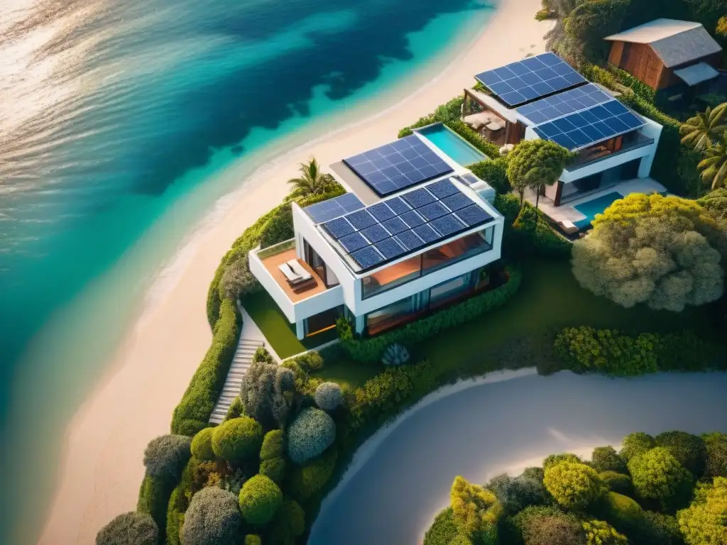 Villa de lujo con paneles solares al atardecer en la costa Eficiencia energética en propiedades costeras: Villa moderna frente al mar con paneles solares brillando al atardecer