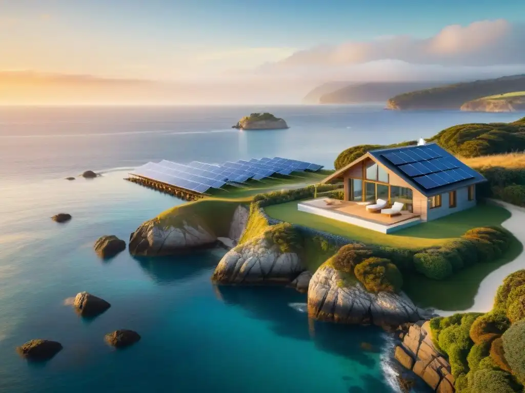 Propiedad costera al atardecer con paneles solares integrados Eficiencia energética en propiedades costeras: Casa con paneles solares integrados, reflejando la armonía con la naturaleza marina al atardecer
