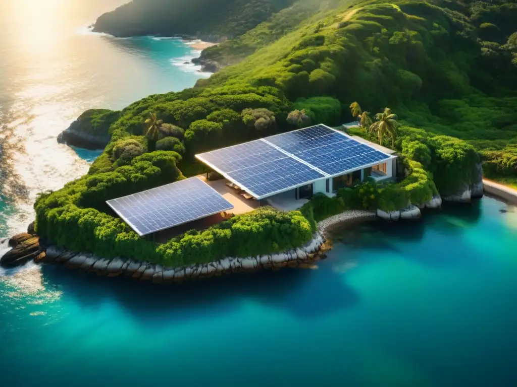 Propiedad costera moderna con paneles solares brillantes Eficiencia energética en propiedades costeras: Una vista aérea impresionante de una moderna propiedad costera con paneles solares brillando bajo el sol, rodeada de exuberante vegetación y el mar brillante al fondo