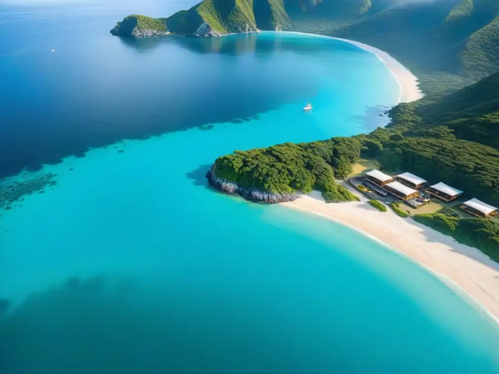 Eficiente logística para eventos en ubicaciones remotas de costa: montaje de eventos en idílica playa con aguas turquesas y vegetación exuberante