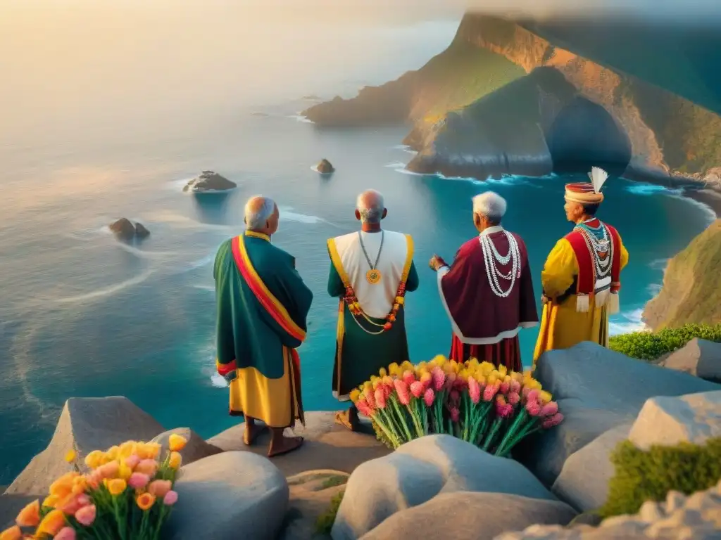 Rituales ancestrales al amanecer: ancianos indígenas en acantilado Elders realizan rituales costeros tradicionales al amanecer en el mar