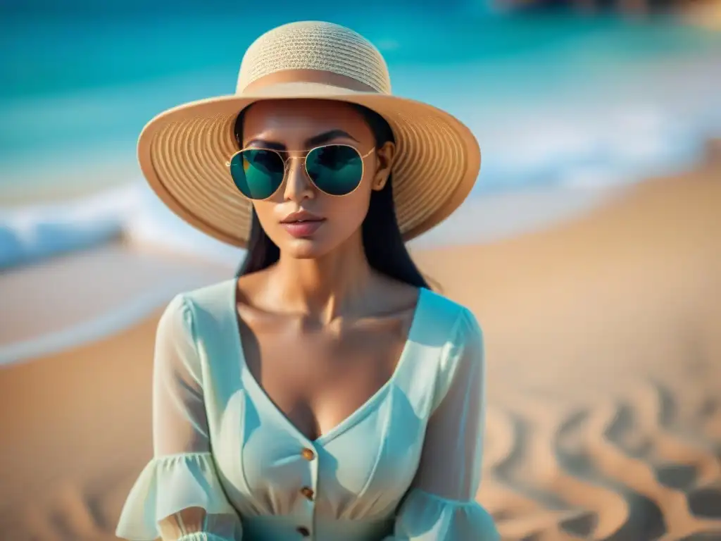 Estilo playero: glamour y protección al sol en la playa Un elegante bañista en la playa con sombrero y gafas, disfrutando del sol con estilo playero