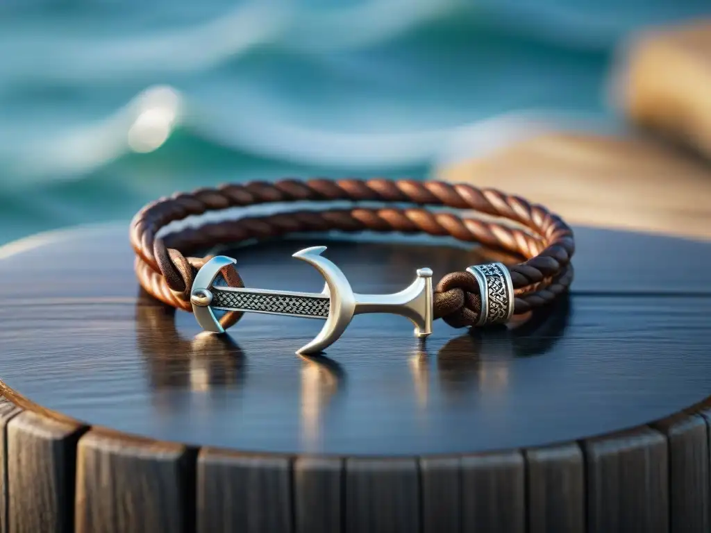 Pulsera de ancla plateada en muelle de madera: detalle y elegancia náutica Un elegante brazalete ancla plateado sobre un muelle de madera junto al mar tranquilo