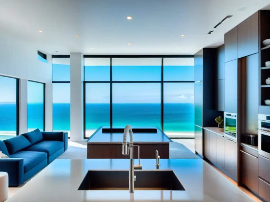 Exclusiva cocina costera de lujo con vistas al mar Elegante cocina costera de lujo con detalles náuticos y vistas al mar