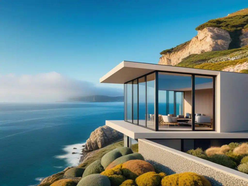 Diseño costero minimalista: integración perfecta con vistas panorámicas Elegante construcción costera minimalista con vistas panorámicas al mar, integrando armoniosamente arquitectura y naturaleza