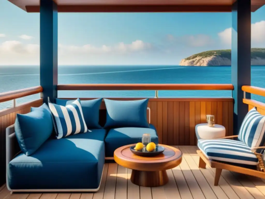 Terraza costera de lujo: diseño náutico y elegante Un elegante diseño exterior con elementos náuticos en un patio lujoso junto al mar
