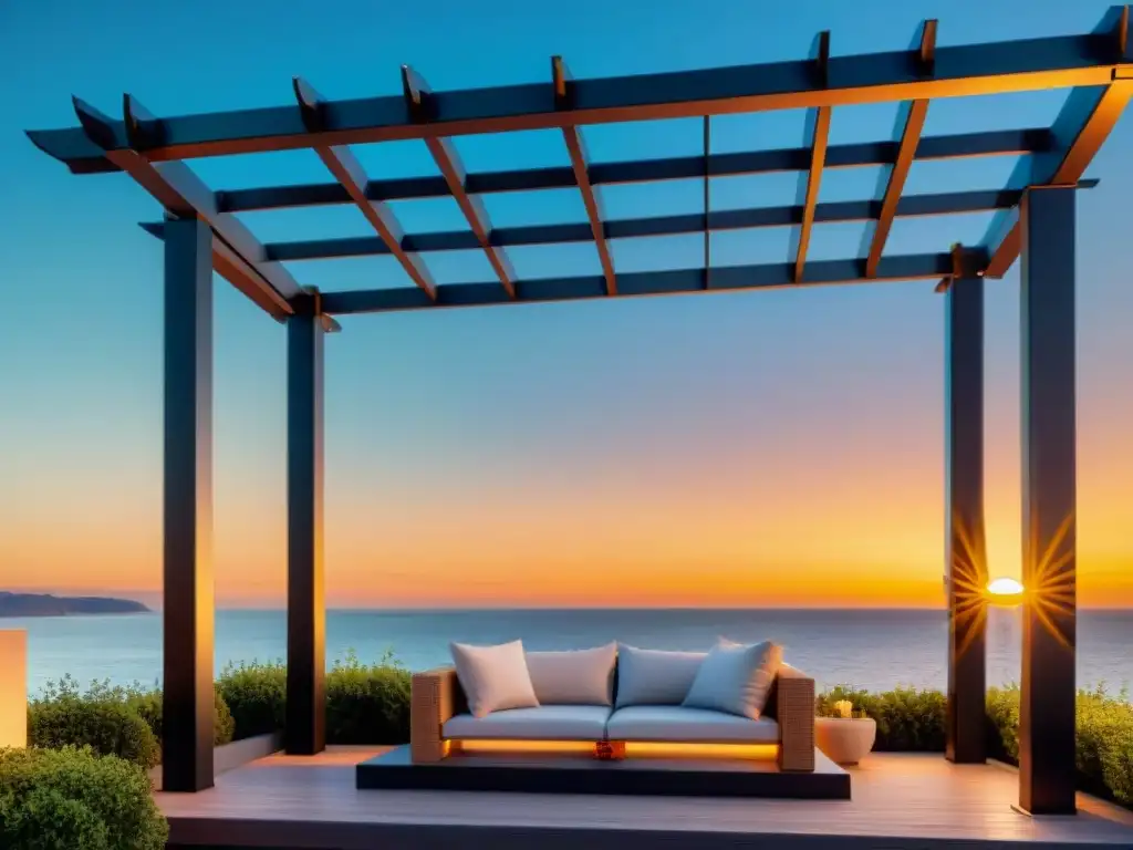 Pérgola moderna en terraza costera al atardecer Un elegante diseño de pérgola en una terraza costera al atardecer