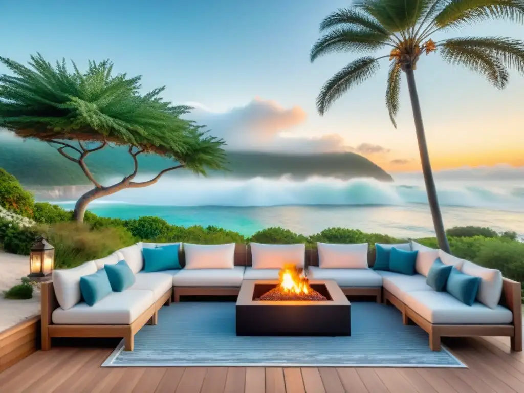 Diseño lujoso y relajado de terraza costera Un elegante espacio al aire libre en la costa con mobiliario de lujo y decoración inspirada en propiedades costeras