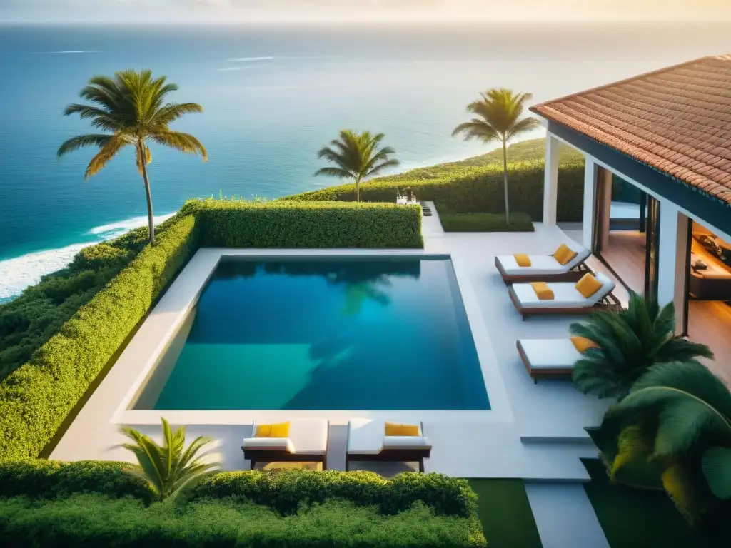 Exclusiva propiedad costera con piscina infinita y áreas de descanso Elegante decoración áreas exteriores propiedades costeras con piscina infinita y mobiliario lujoso bajo el sol dorado