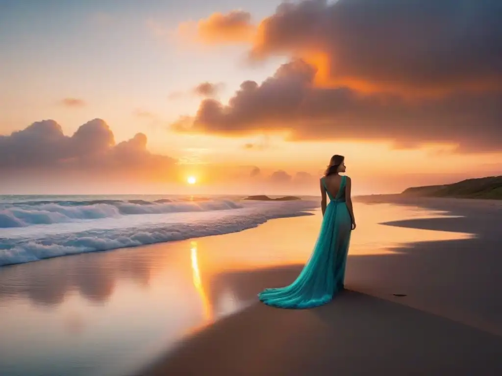 Atardecer vibrante en la playa: elegante paseo al atardecer Una elegante figura camina por la playa al anochecer, con un vibrante atardecer de fondo