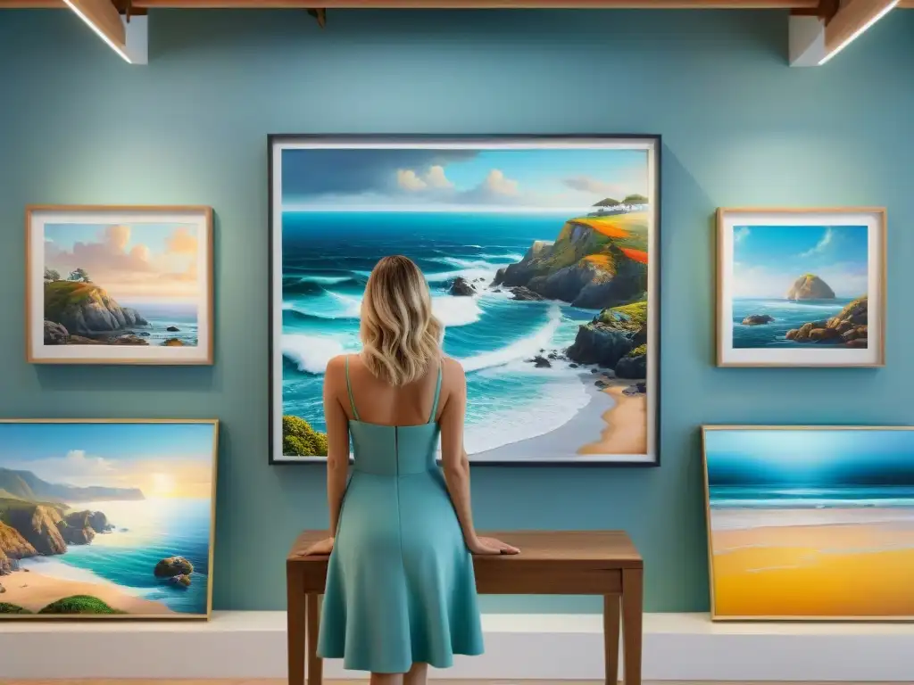 Galería de arte costero: vibrantes obras de mar y playa Un elegante galería de arte costero como inversión, con obras vibrantes y una atmósfera tranquila