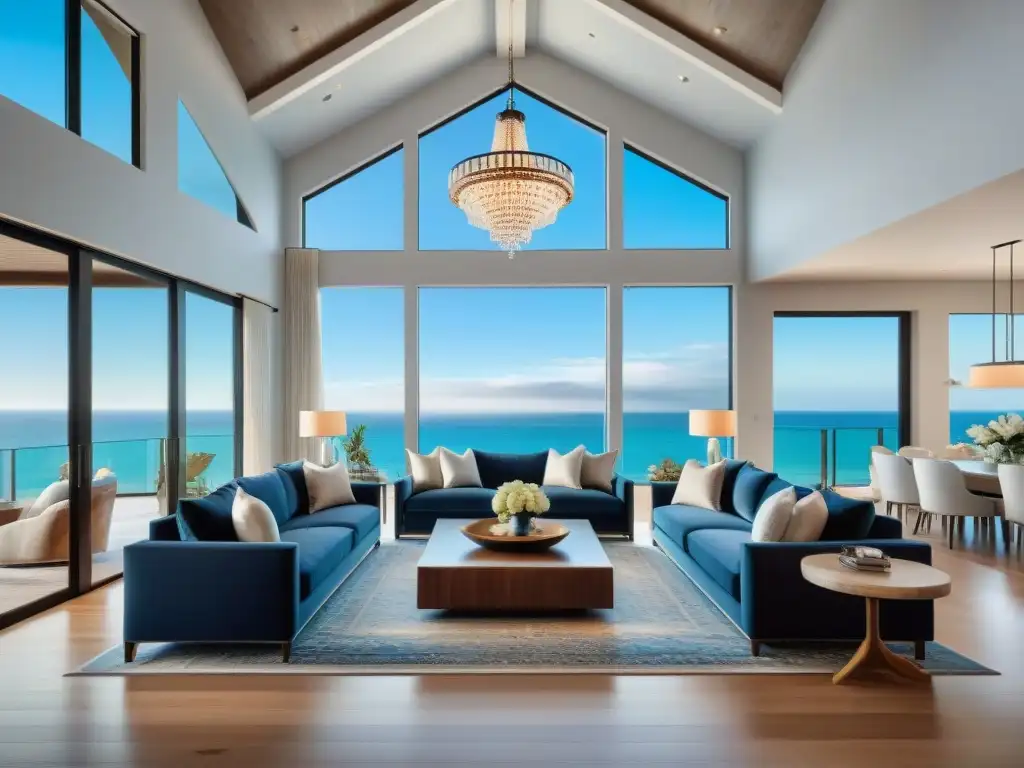 Salón costero de lujo: fusión de moderno y clásico Elegante decoración hogar costero con elementos modernos y clásicos, inundado de luz natural y detalles marinos