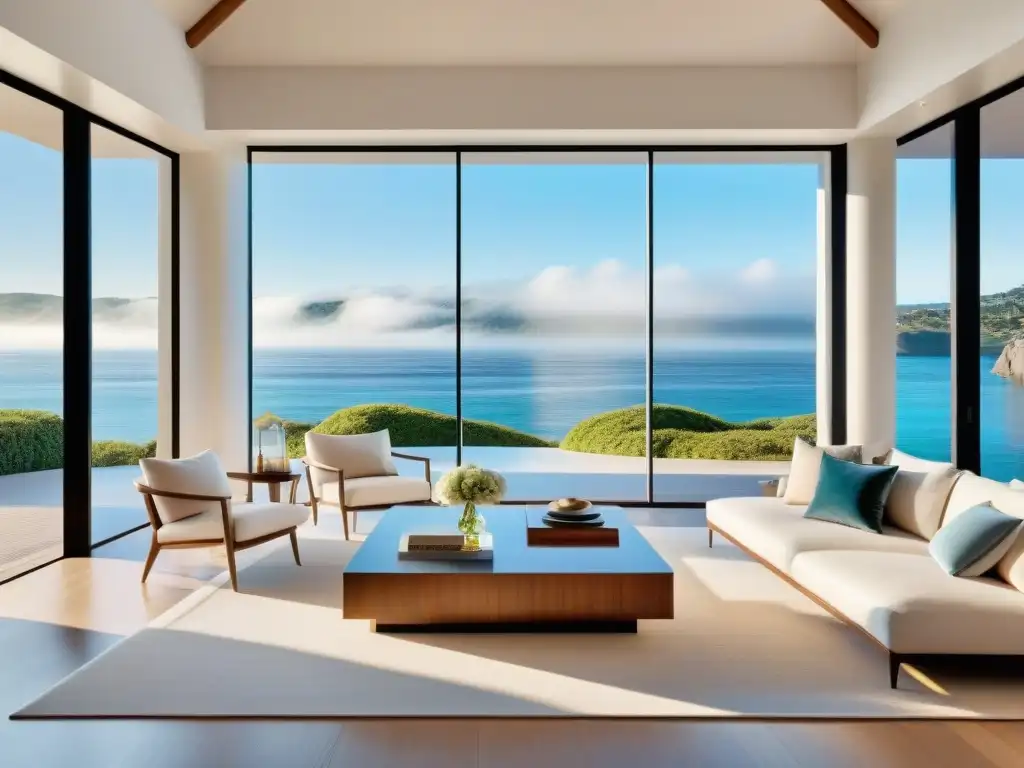 Interior lujoso en casa costera: modernidad y elegancia en armonía Elegante decoración hogar costero con elementos modernos y clásicos, vista al mar