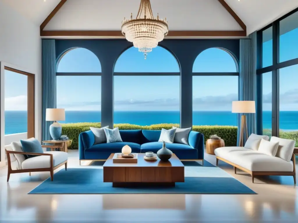 Interior lujoso con vistas al mar: fusión moderna y clásica Elegante decoración hogar costero con elementos modernos y clásicos, muebles contemporáneos y toques antiguos, vista al mar