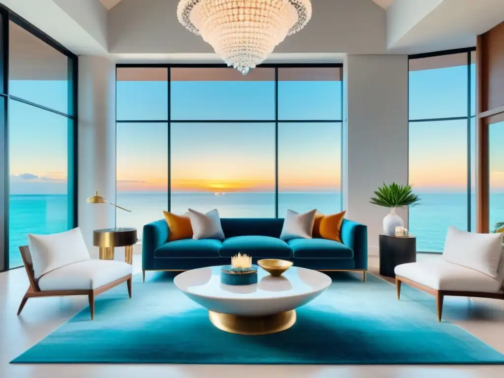 Interior de casa costera de lujo: elegancia y sofisticación junto al mar Elegante decoración hogar costero de lujo con accesorios sofisticados y vistas al mar