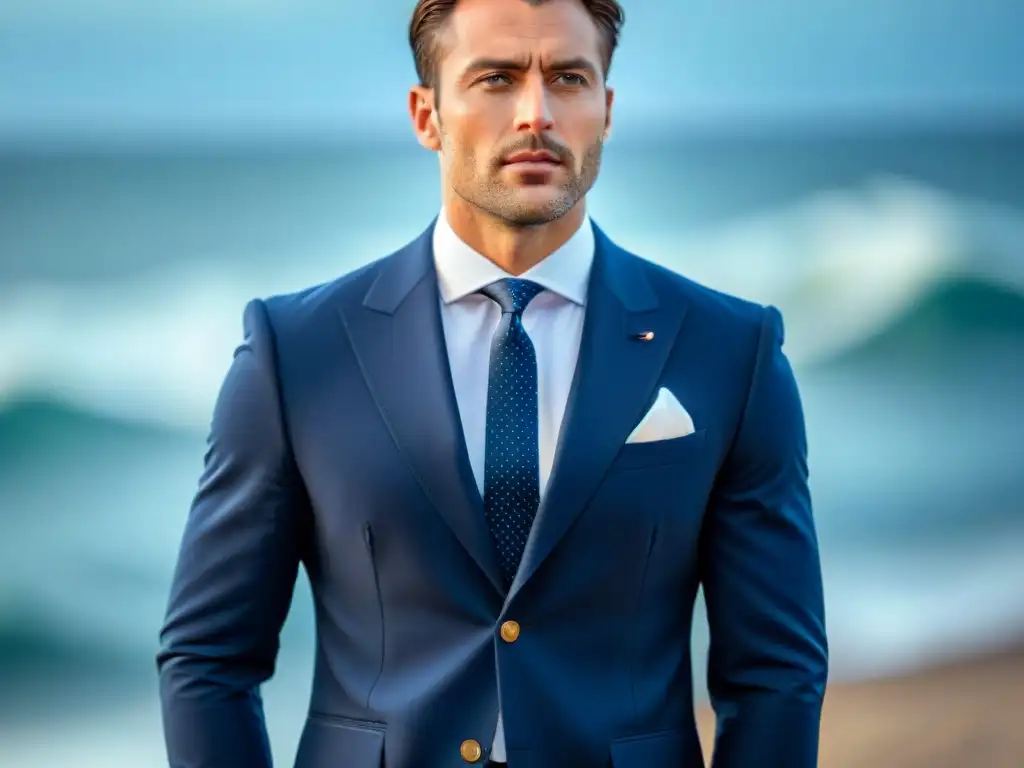 Elegante hombre moderno en traje azul marino con accesorios náuticos Elegante hombre moderno con accesorios marinos: traje azul, clip de corbata ancla y gemelos velero, con fondo de mar y gaviotas