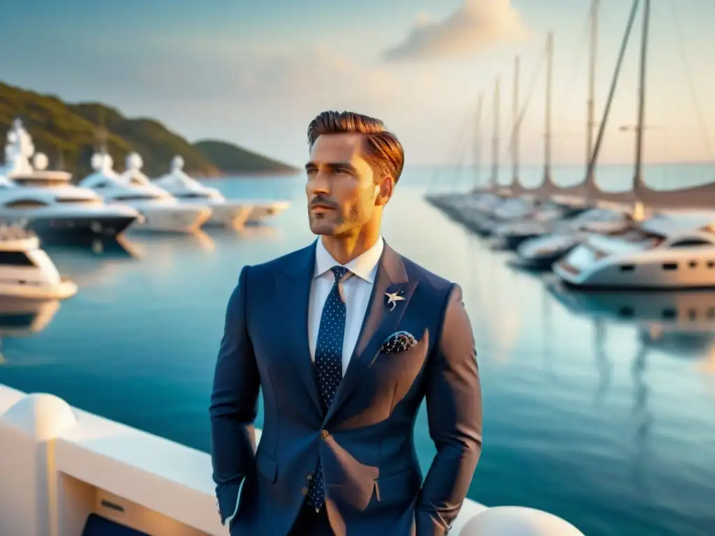 Elegante hombre náutico en muelle de lujo Un elegante hombre moderno en traje azul marino con accesorios marinos, frente a yates lujosos en la marina