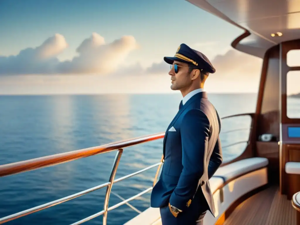 Elegancia náutica: hombre en traje azul en yate de lujo Un elegante hombre moderno en traje azul marino con accesorios marinos, de pie en un lujoso yate al atardecer