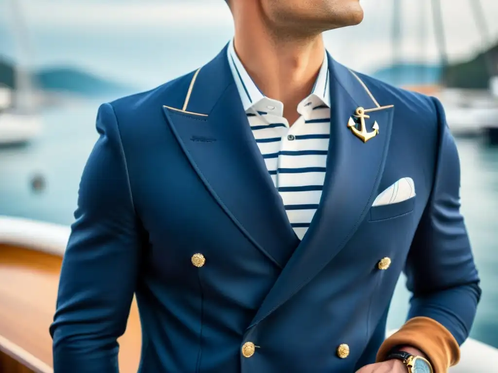 Elegante hombre moderno con estilo náutico en traje azul marino Un elegante hombre moderno en traje azul marino con accesorios marinos, en una marina