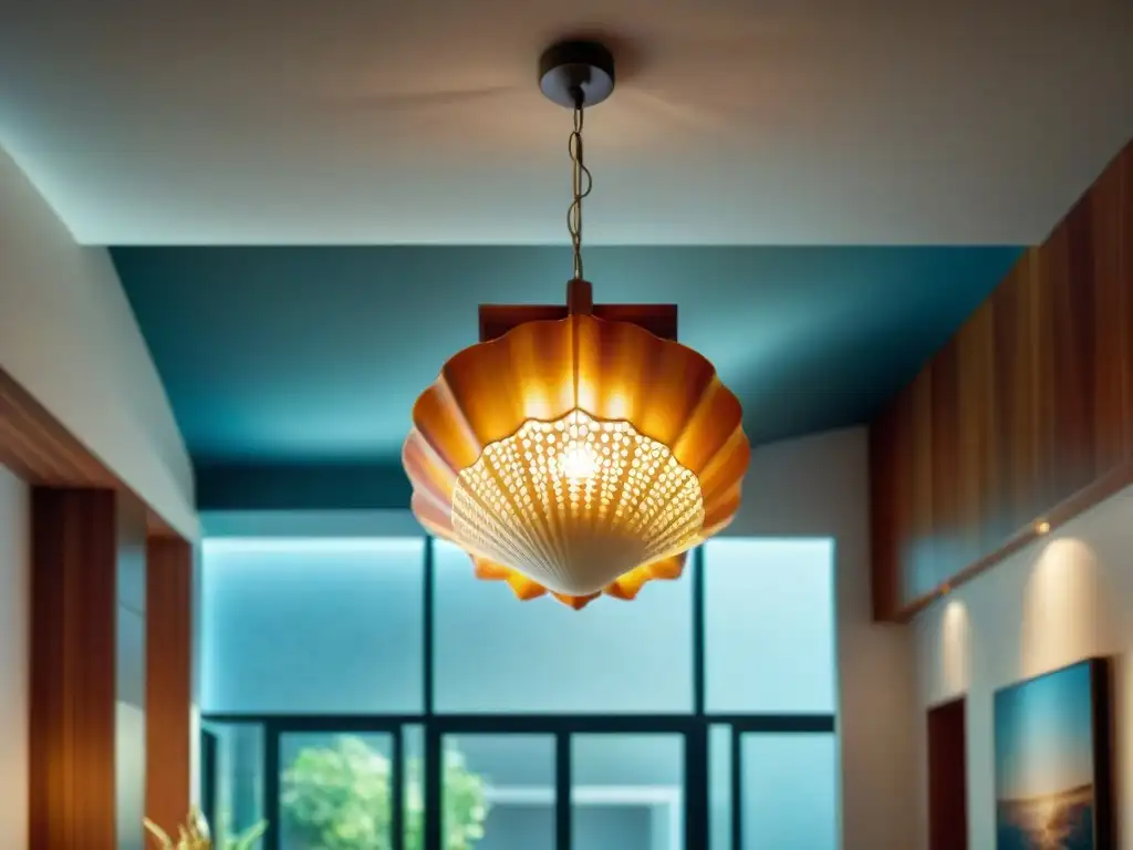 Espectacular lámpara de conchas marinas en sala moderna Elegante lámpara de concha en un diseño interior con elementos marinos