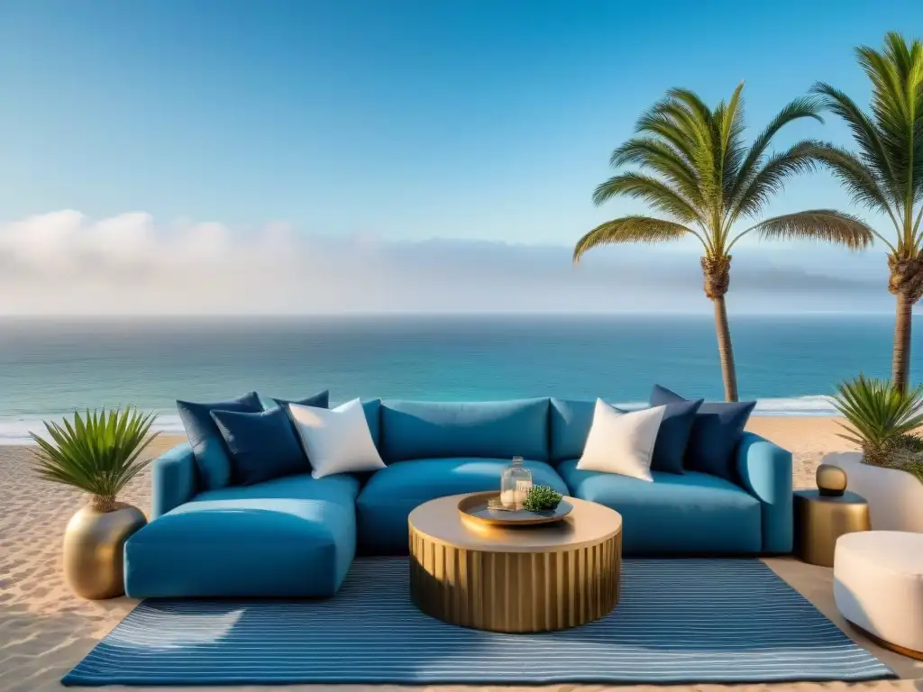 Terraza de lujo frente al mar: textiles premium en tonos costeros Un elegante oasis junto al mar con textiles de lujo para clima costero en tonos azules, blancos y arena