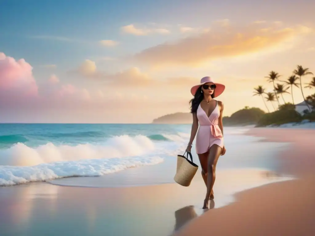 Puesta de sol con estilo: elegancia playera de alta gama Una elegante paseante en la playa con accesorios de alta gama bajo el atardecer