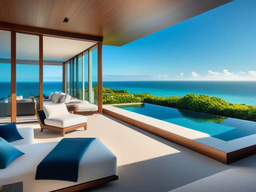 Propiedad frente al mar: diseño interior y exterior moderno Elegante propiedad playera con diseño interior y exterior costero, terraza espaciosa y vistas al mar