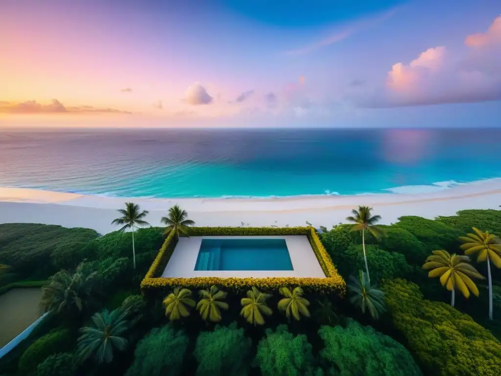 Paraíso costero con seguridad integrada Una elegante propiedad frente a la playa al atardecer, con sistemas de seguridad integrados y una piscina infinita privada