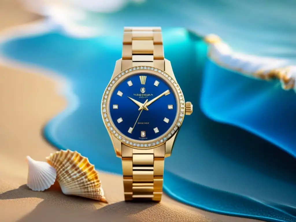 Reloj de diseñador dorado con detalles marinos y diamantes en la playa Elegante reloj dorado con grabados de conchas, diamantes y fondo de playa, Accesorios de alta gama playa