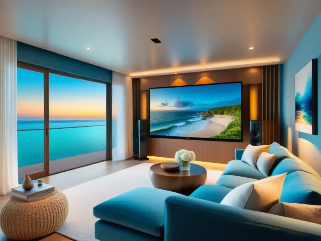 Teatro en casa junto al mar: lujo y serenidad en tu sala de estar Una elegante sala de cine en casa frente al mar con sistema audio video casa playa