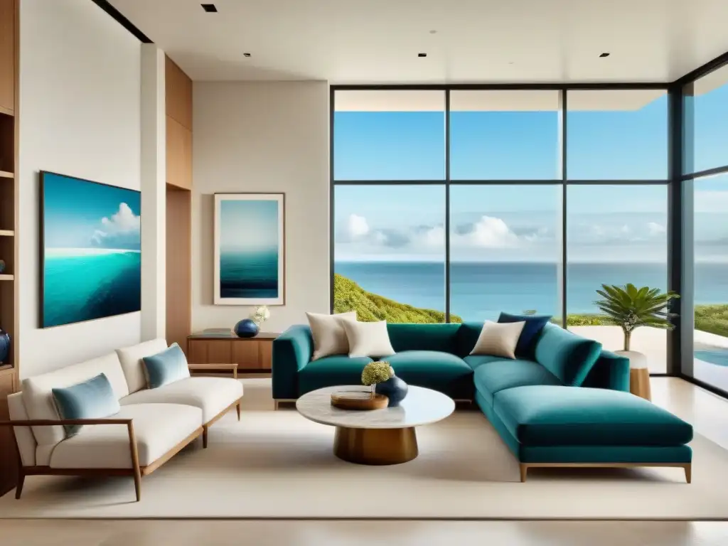 Sala costera de lujo con vista al mar y decoración moderna Un elegante salón costero con diseño de interiores de lujo en tonos neutros y toques de azul y verde, con vista al mar