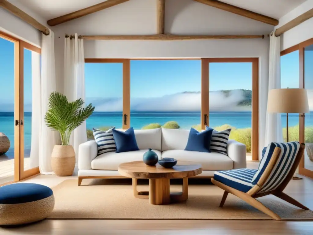 Salón costero de lujo: sofá blanco y detalles náuticos Un elegante salón costero con textiles de lujo para clima costero, iluminado y sereno