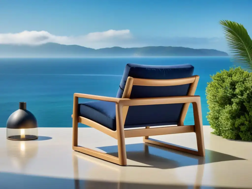 Silla de exterior de madera de teca resistente al clima frente al mar Un elegante sillón de diseño exterior para propiedades costeras, con vistas al mar y elegancia en cada detalle