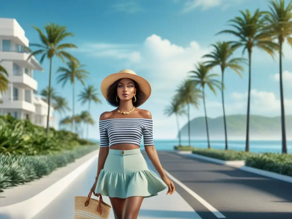 Moda urbana con estilo costero: street style playero Un elegante street style marítimo en una calle urbana con palmeras