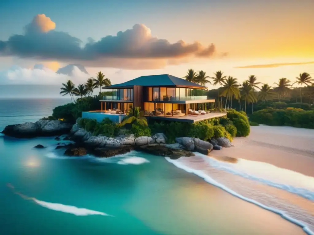 Villa de lujo frente al mar al atardecer: 360° inmersivo Elegante villa costera al atardecer, captada con cámara 360°