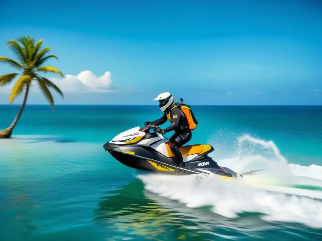 Jet ski de aventura surcando aguas cristalinas Emoción en aguas costeras: Moto acuática surcando olas cristalinas con rider aventurero y paisaje tropical al fondo