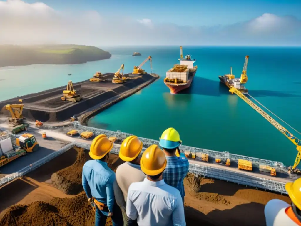 Construcción costera: fusión de industria y naturaleza Emocionante construcción costera con trabajadores y maquinaria vibrante, fusionando industria y naturaleza