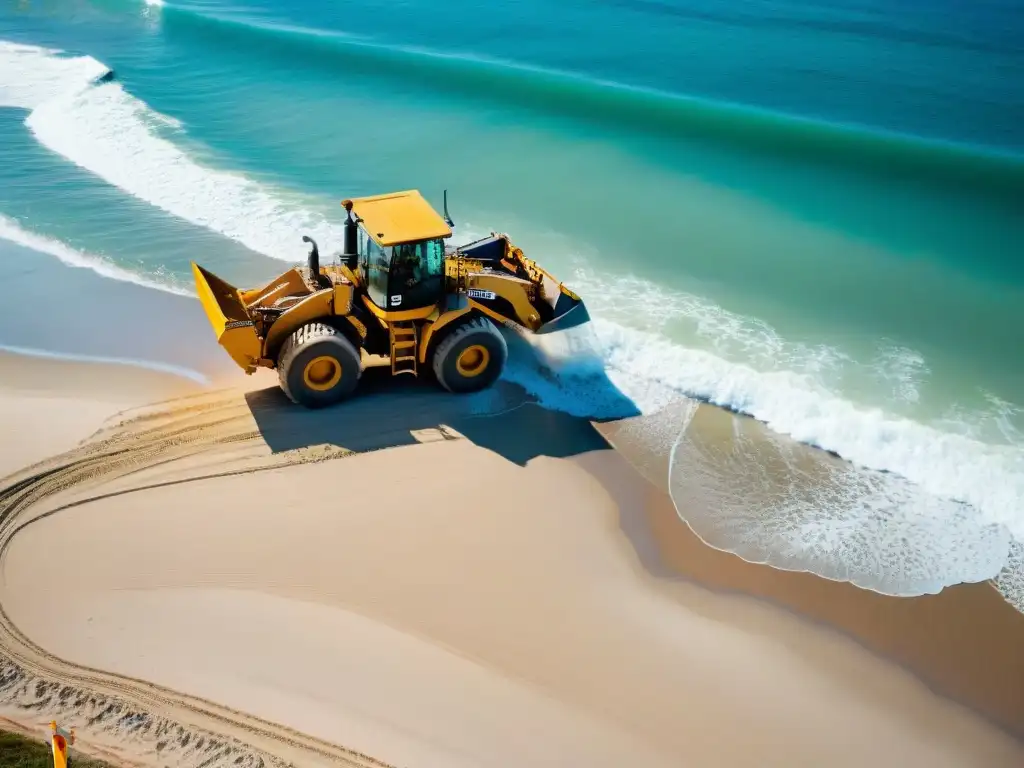 Construcción costera: maquinaria pesada en acción Emocionante construcción en zona costera con maquinaria pesada y trabajadores en acción en la playa, destacando la belleza natural