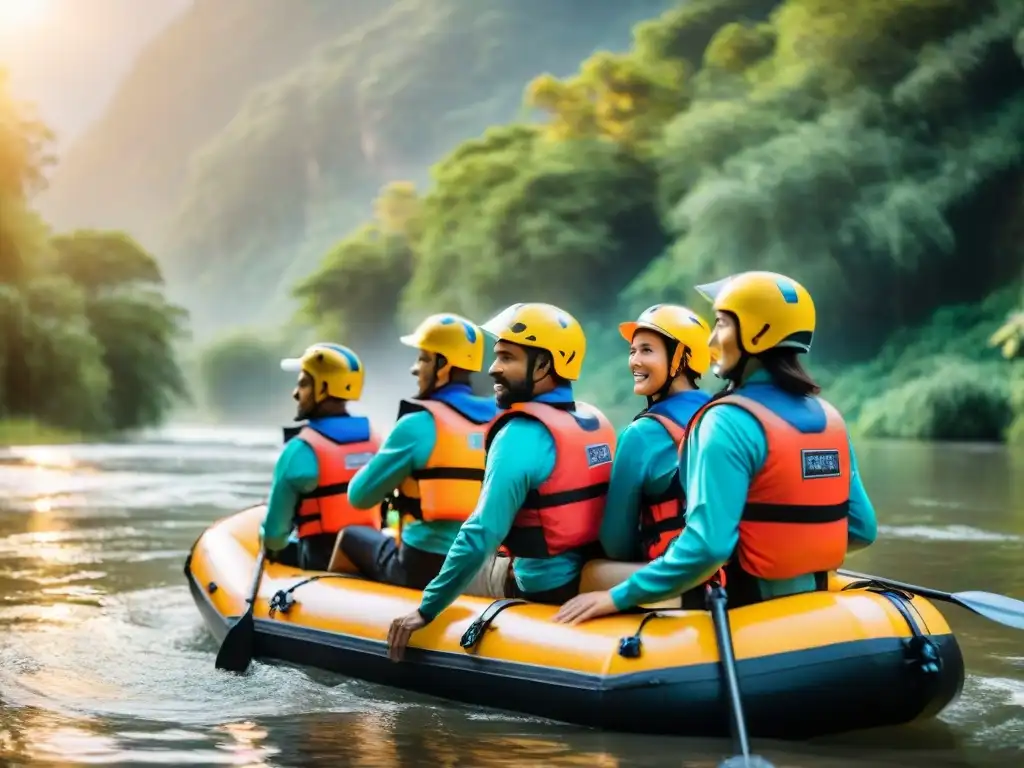 Emoción en el río: aventureros listos para rafting extremo Emocionante grupo de aventureros listos para su expedición de rafting en ríos costeros