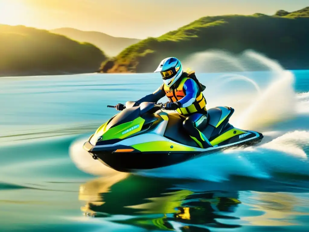 Emoción en Jet Ski al atardecer: Aventura costera Un emocionante paseo en moto acuática en aguas costeras al atardecer, donde la adrenalina y la libertad se fusionan