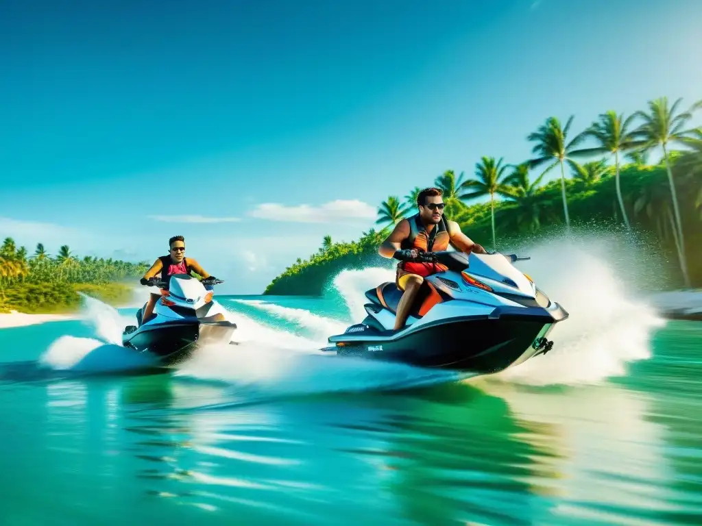 Aventura en Jet Skis: Emoción y Libertad en Paraíso Tropical Un emocionante paseo en moto acuática en aguas costeras tropicales, rodeado de palmeras verdes y aguas cristalinas