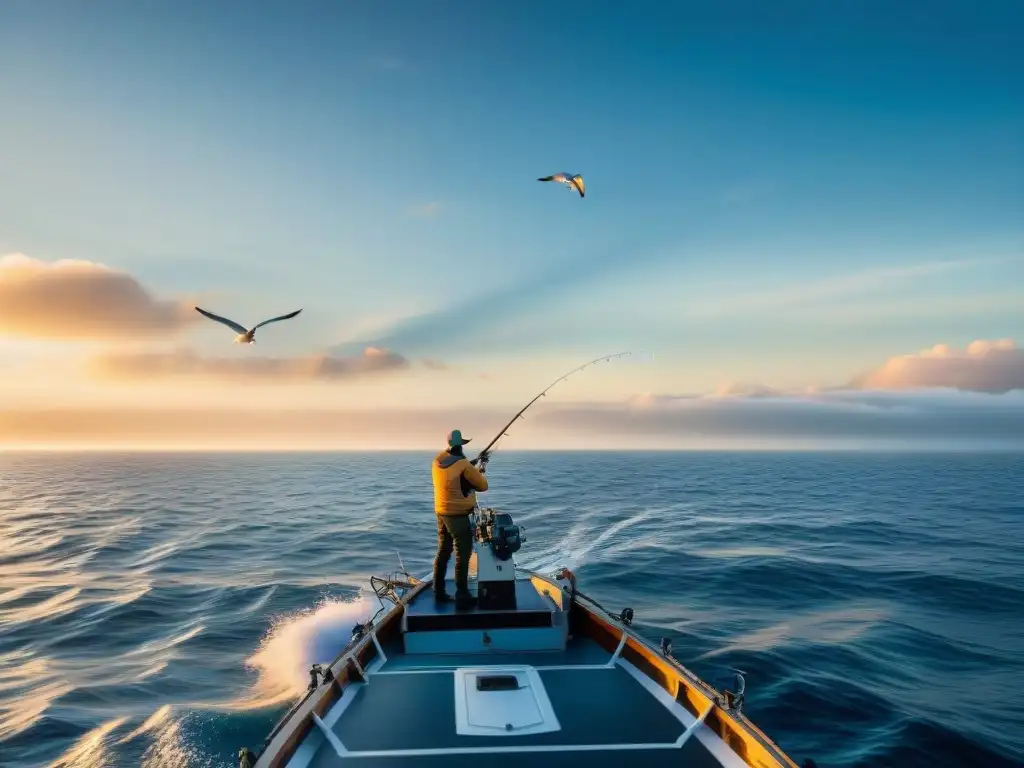 Emoción en alta mar: pescador experto en acción Emocionante pesca deportiva en mar abierto al amanecer, con pescador experto lanzando su línea al océano azul