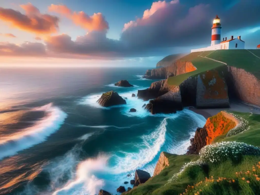 Amanecer épico en la costa: acantilados, faro y gaviotas Fotografía emocionante de propiedades costeras al amanecer: acantilados, faro solitario, olas rompiendo y cielo vibrante al amanecer, con gaviotas