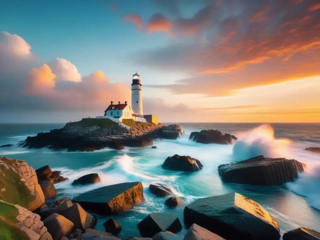 Puesta de sol vibrante en costa rocosa con faro solitario Emocionante fotografía de propiedades costeras: atardecer vibrante, olas rompiendo y solitario faro