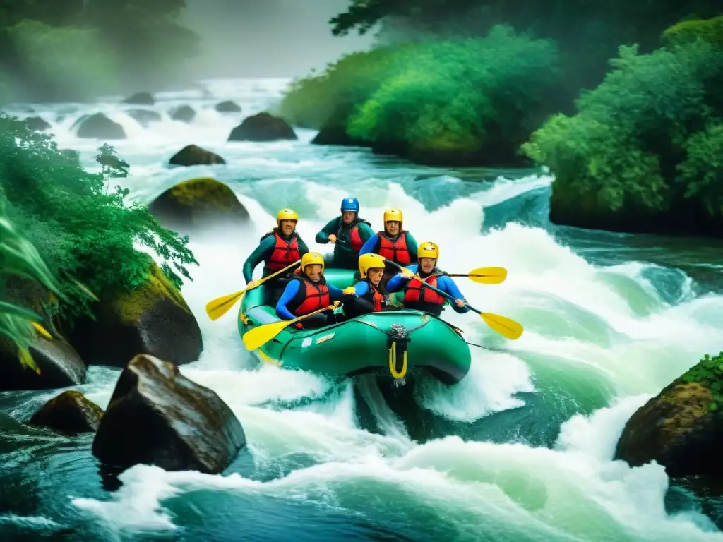Emocionante rafting en aguas bravas entre vegetación exuberante Emocionante rafting en ríos costeros entre rápidos turbulentos y exuberante vegetación, con luz solar filtrándose