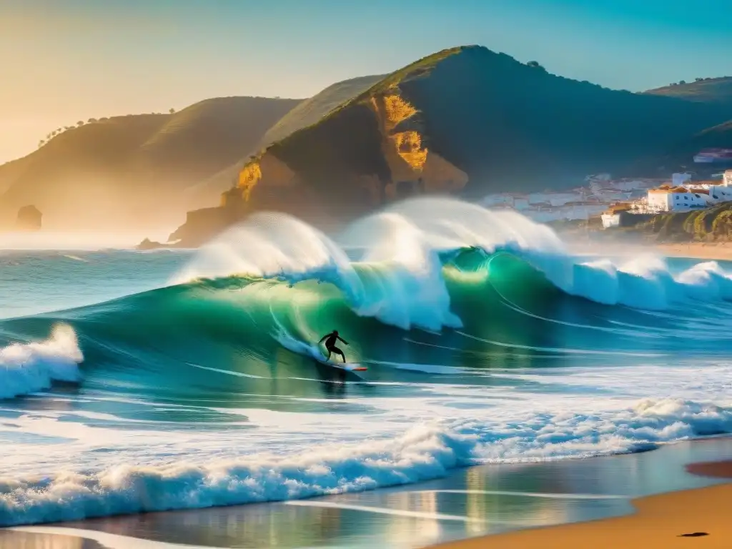 Surfistas en acción: atardecer épico en Algarve Emocionante surf al atardecer en Algarve, con colores vibrantes y surfistas capturando olas